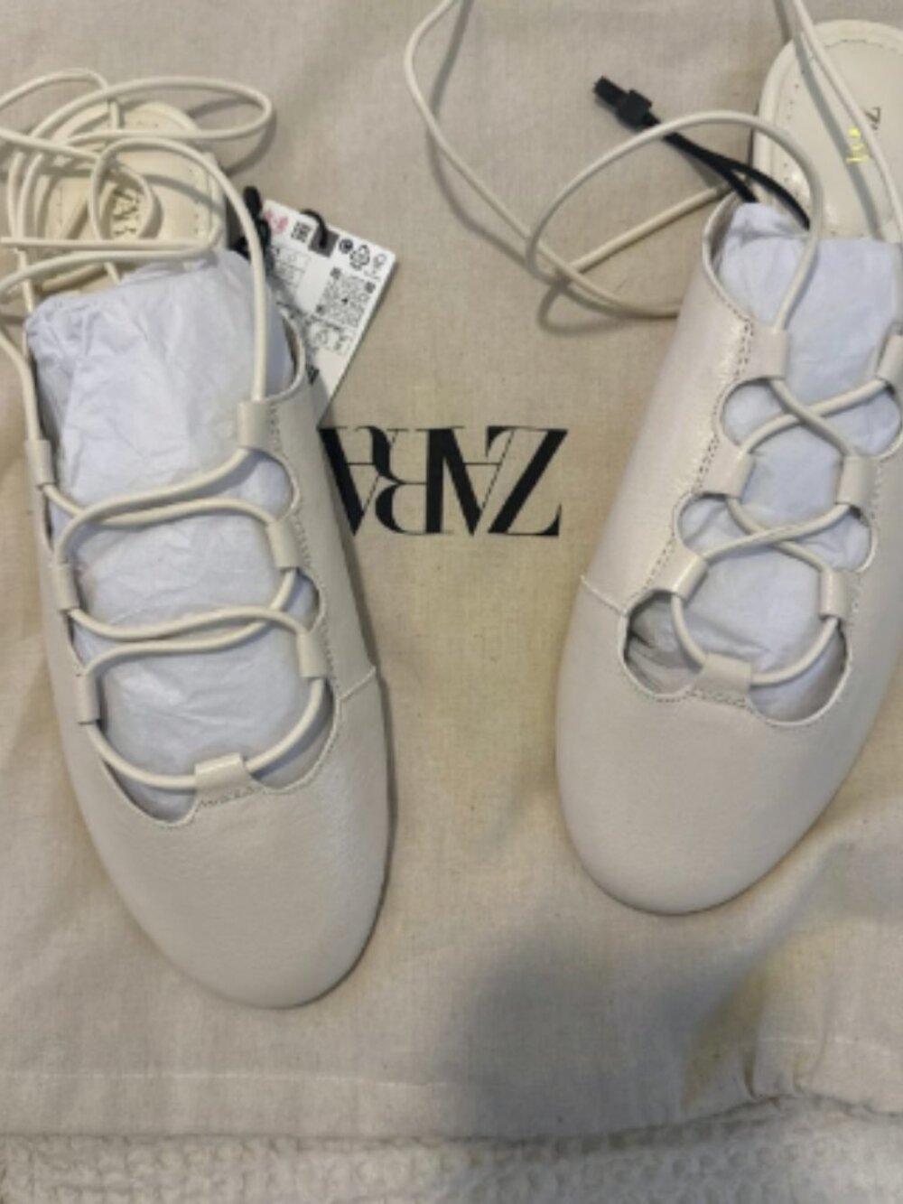 Zara Cream Off Whit, Lace Up Mule Ballet Flats NWT